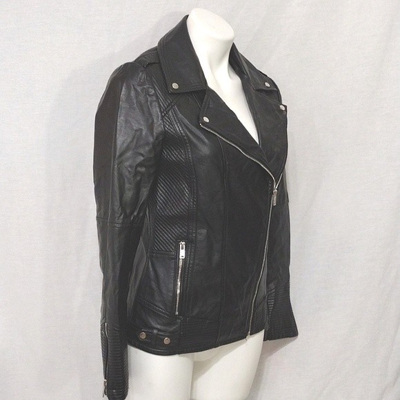 Mark Alan New York Black Quilted Sleeves Faux Leather Belted Moto Jacket Small - Picture 6 of 11
